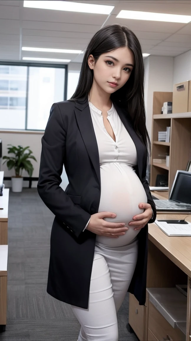 beautiful pregnant female long hair ,office, working, outer outfit