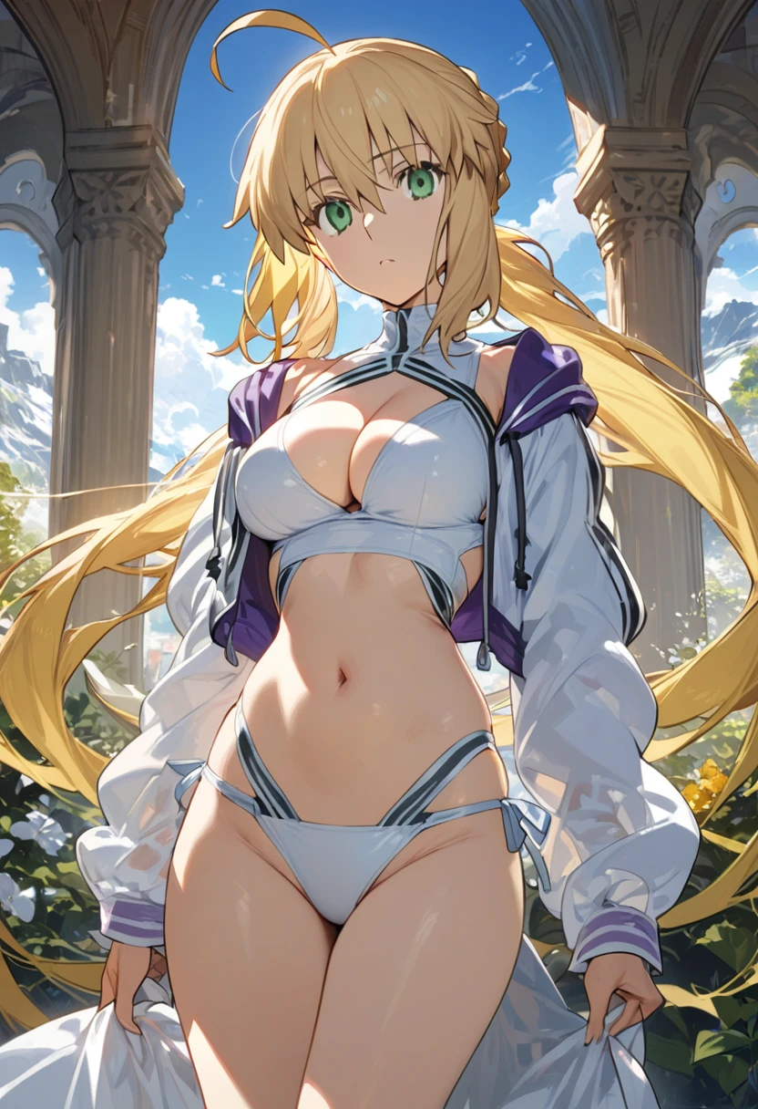 ((((artoria caster/(((fate/grand order/)))), (((artoria caster (swimsuit) (first ascension) (fate/grand order/))), twintails, green eyes, hair between eyes, long blonde hair, sidelocks, ahoge, medium breasts, (cropped jacket, long sleeves, white, cleavage, navel, stomach, thighs),(((masterpiece))),(((best quality))),((ultra-detailed)),(illustration),((an extremely delicate and beautiful)),(detailed background),