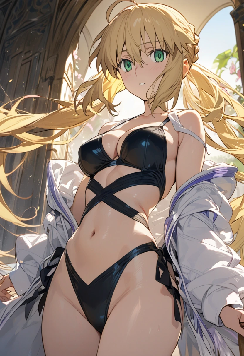 ((((artoria caster/(((fate/grand order/)))), (((artoria caster (swimsuit) (first ascension) (fate/grand order/))), twintails, green eyes, hair between eyes, long blonde hair, sidelocks, ahoge, medium breasts, (cropped jacket, long sleeves, white, cleavage, navel, stomach, thighs),(((masterpiece))),(((best quality))),((ultra-detailed)),(illustration),((an extremely delicate and beautiful)),(detailed background),