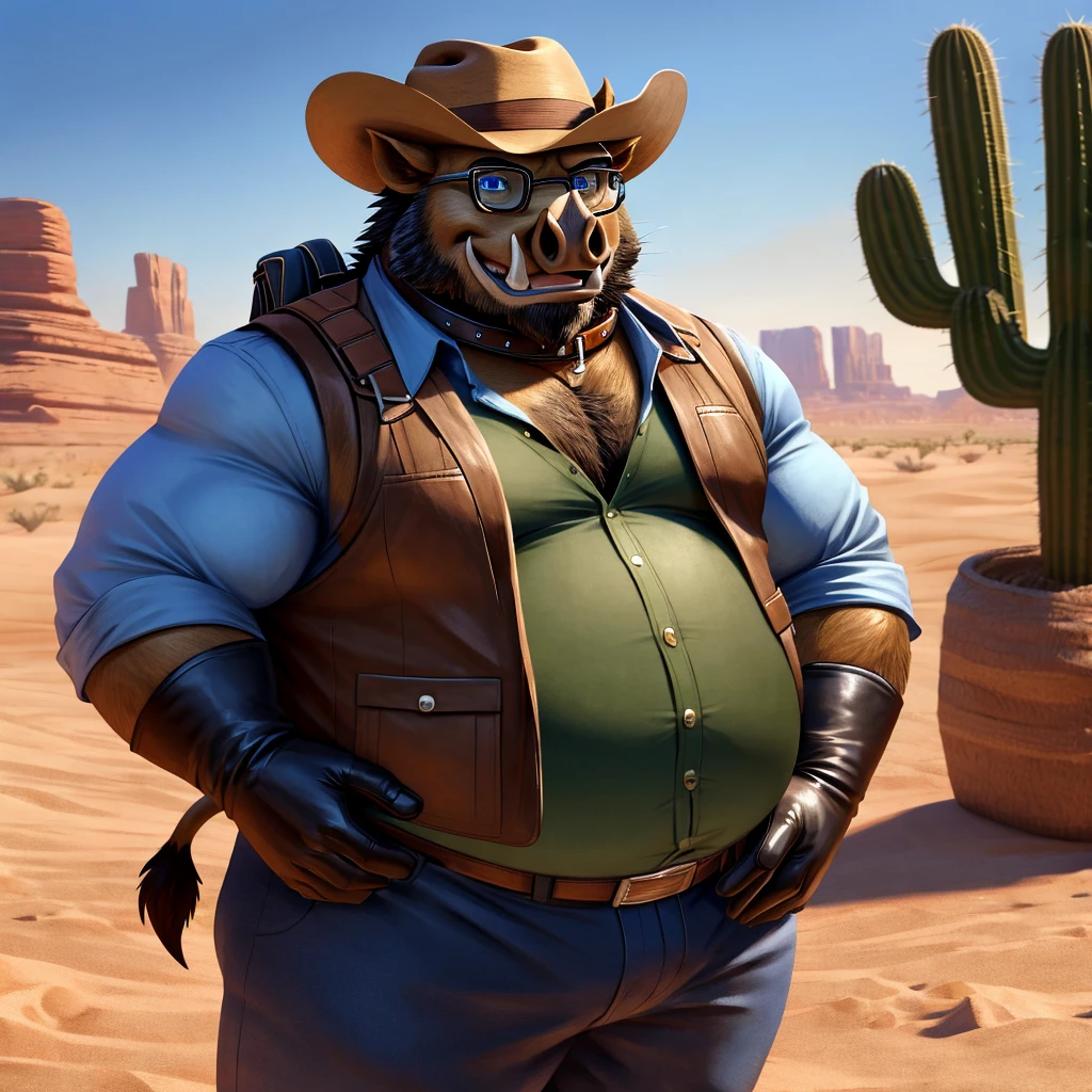 Male, fat, extremely obese, Boar, blue eyes, (posing:1.3), (soft shading), 4k, hi res, ((detailed face, detailed)), looking at viewer, smile, open mouth, desert, cactus, shirt, hat, male focus, cowboy shot, glasses, pants, bag, vest, backpack, sleeves rolled up, round eyewear, brown headwear, brown vest, whiskers, Boar is wearing a glossy leather dog collar around the neck, Boar is wearing the leather collar and shirt and vest at the same time, Boar is wearing glossy black rubber gloves on the hands, gloves are rubber in texture.