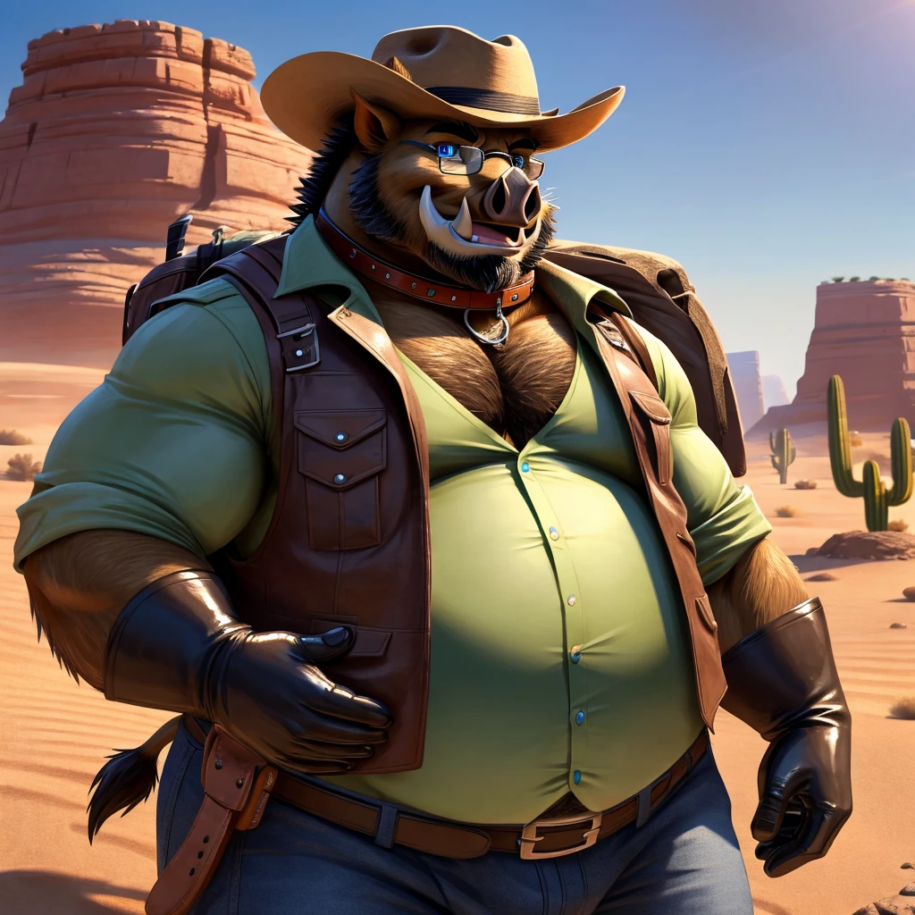 Male, fat, extremely obese, Boar, blue eyes, (posing:1.3), (soft shading), 4k, hi res, ((detailed face, detailed)), looking at viewer, smile, open mouth, desert, cactus, shirt, hat, male focus, cowboy shot, glasses, pants, bag, vest, backpack, sleeves rolled up, round eyewear, brown headwear, brown vest, whiskers, Boar is wearing a glossy leather dog collar around the neck, Boar is wearing the leather collar and shirt and vest at the same time, Boar is wearing glossy black rubber gloves on the hands, gloves are rubber in texture.