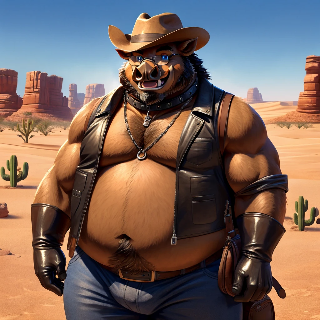 Male, fat, extremely obese, Boar, blue eyes, (posing:1.3), (soft shading), 4k, hi res, ((detailed face, detailed)), looking at viewer, smile, open mouth, desert, cactus, shirt, hat, male focus, cowboy shot, glasses, pants, bag, vest, backpack, sleeves rolled up, round eyewear, brown headwear, brown vest, whiskers, Boar is wearing a glossy leather dog collar around the neck, Boar is wearing the leather collar and shirt and vest at the same time, Boar is wearing glossy black rubber gloves on the hands, gloves are rubber in texture.