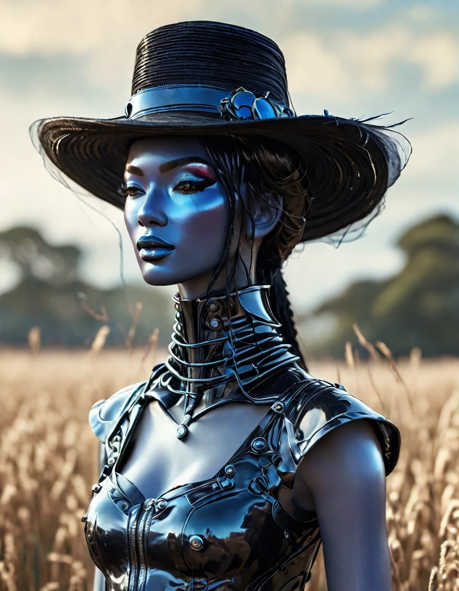 Human singer with blue face wearing melanistic black horsehair hat. Full view of black horsehair hat in field of view. Bust shot, high resolution, sharp focus, (ultra detailed, highly detailed) Highly detailed CG Unity 8k wallpaper), ((vibrant colors, vibrant theme))), (intricate), (masterpiece), (best quality), art photo, (photo by sldr), (intricate background), perfectly rendered face, perfect facial details, realistic face, photorealistic, ((intricate details)), ((realism))), full body, wide field of view