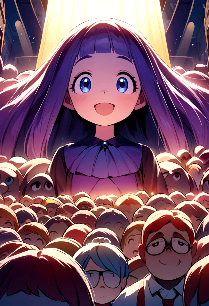 A dream architect inspired by Pixar animation, up close. The character is the center of attention with captivating facial expressions, theater on a stage with lots of people