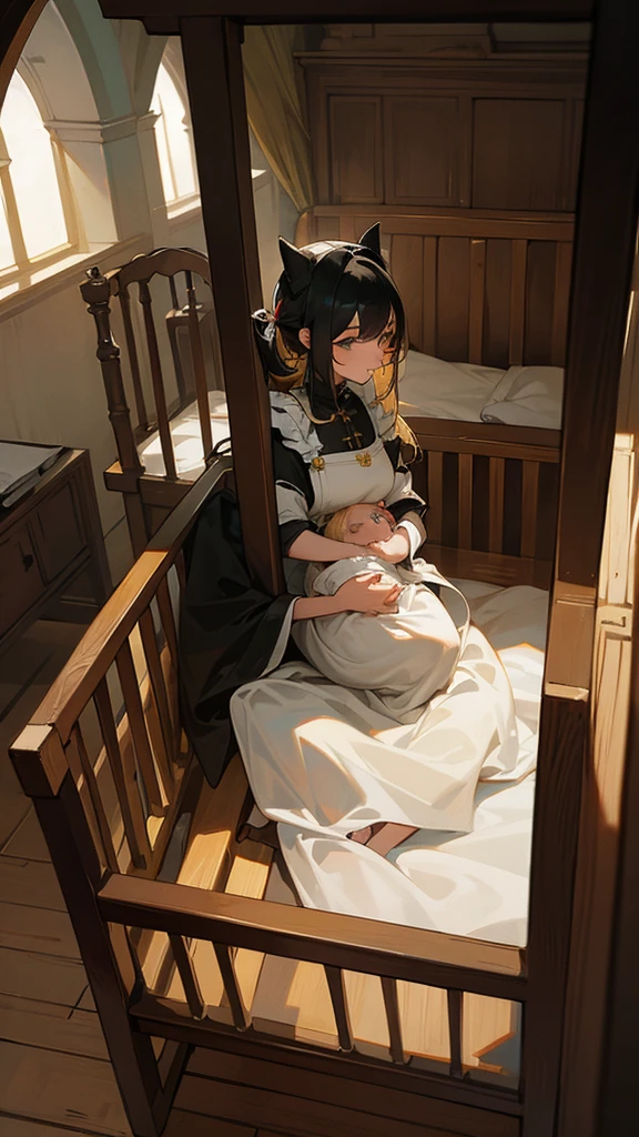 A newborn male baby with blond hair in a crib in a medieval room, with a woman with black hair and dog ears dressed as a medieval maid going to pick up the baby from the crib 