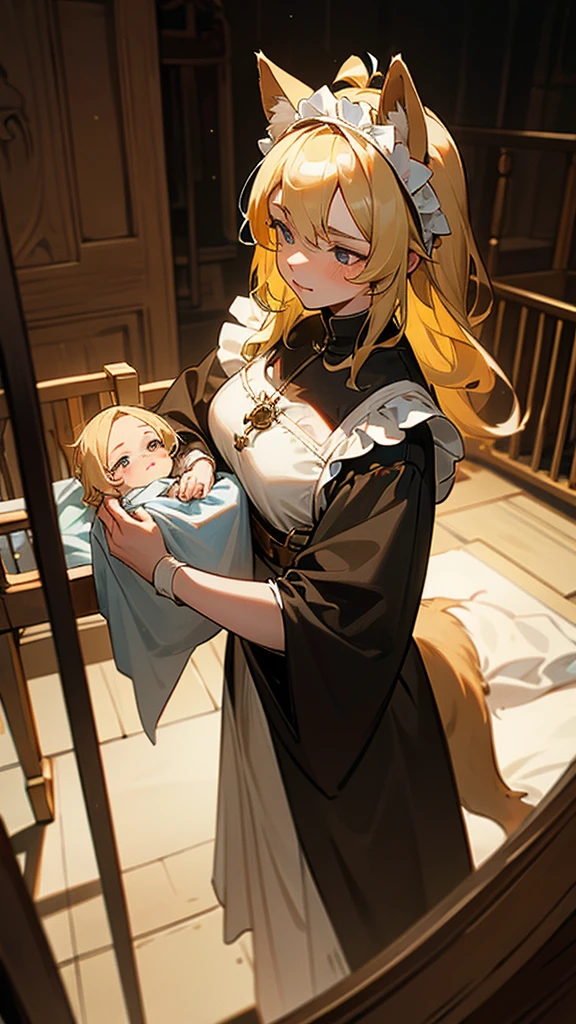 Blonde woman carrying her 2 year old daughter, in the background of a medieval villa