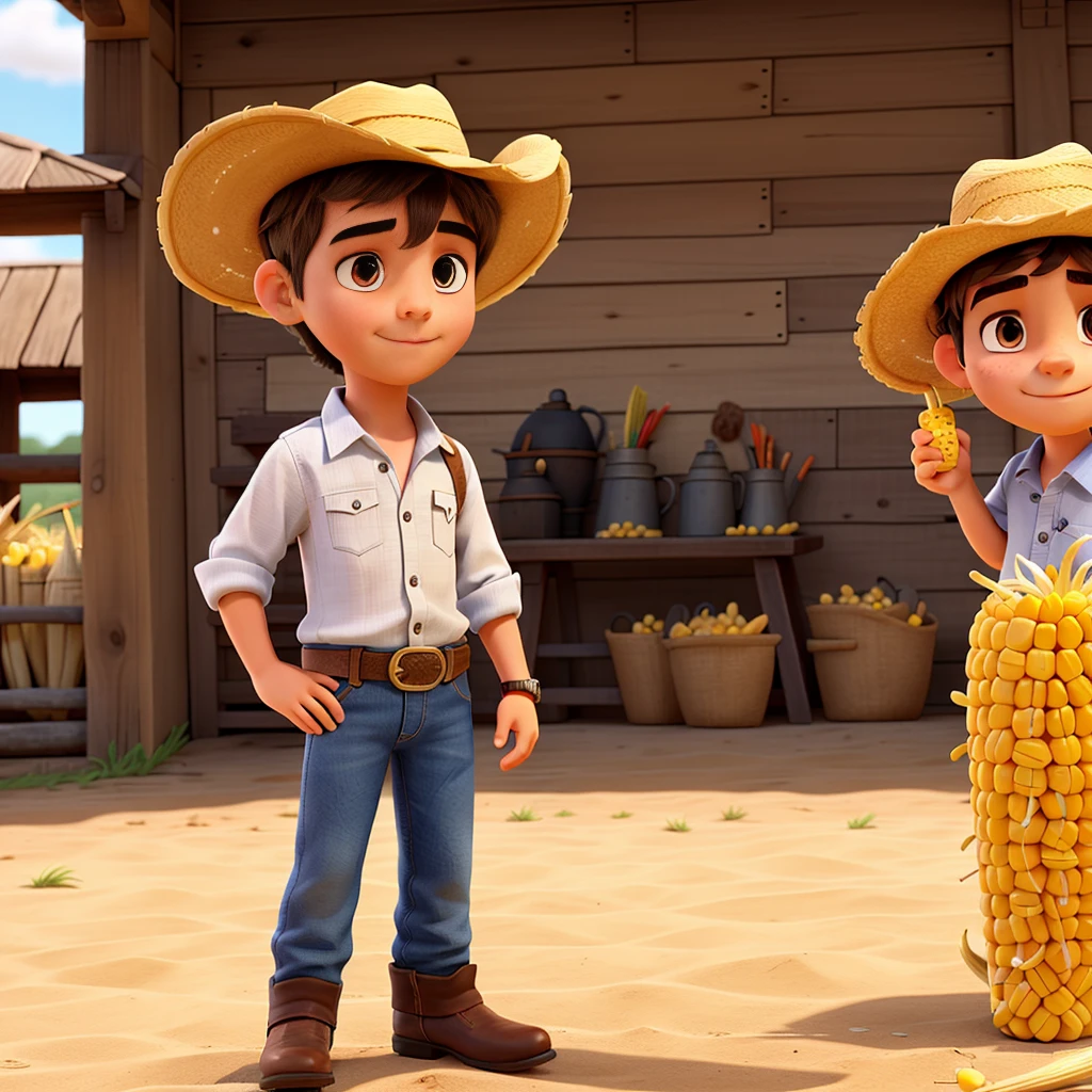 Young man in cowboy outfit, with a straw hat on his head and corn in his hand