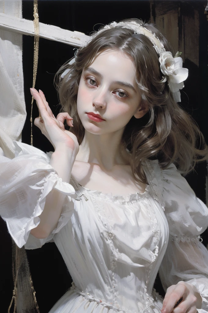 classical painting, ((close-up: 1)), details of the hands of a girl in a white dress, (Victorian evening dress: 1.3), young girl, pale skin of the hands, hands, detailed drawing of the hands, thin fingers, ring with ruby, monochrome image with accent color,