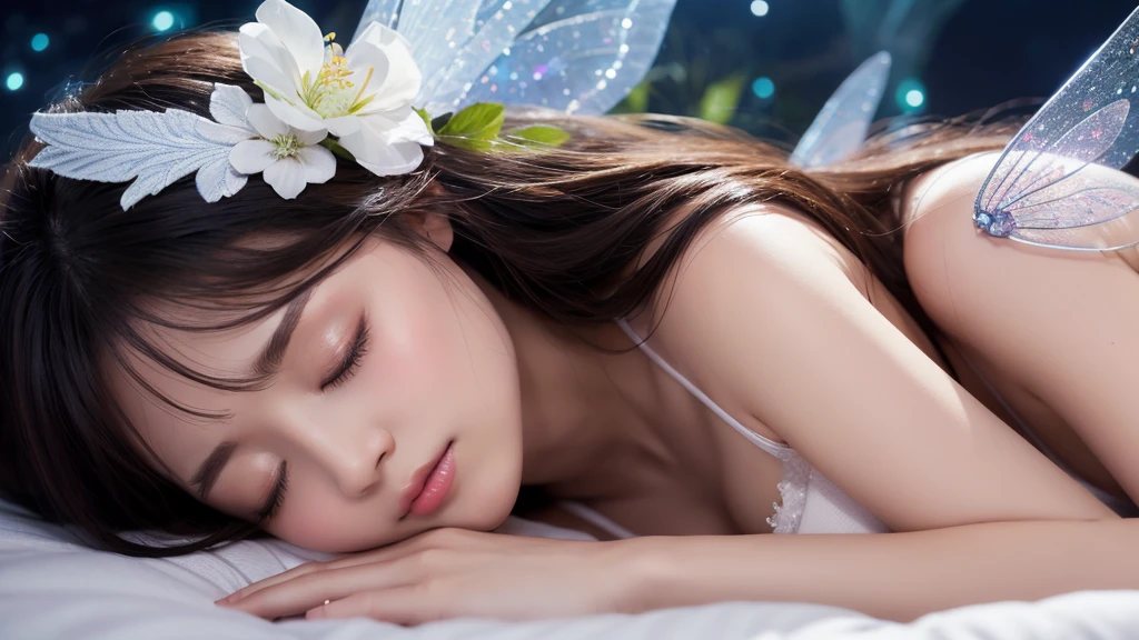 A beautiful fairy with wings、Sleeping with eyes closed、Fairy in front、Upper Body、bangs、Close-up of face、Glossy lips、night、high resolution、mysterious、high resolution、nightの風景