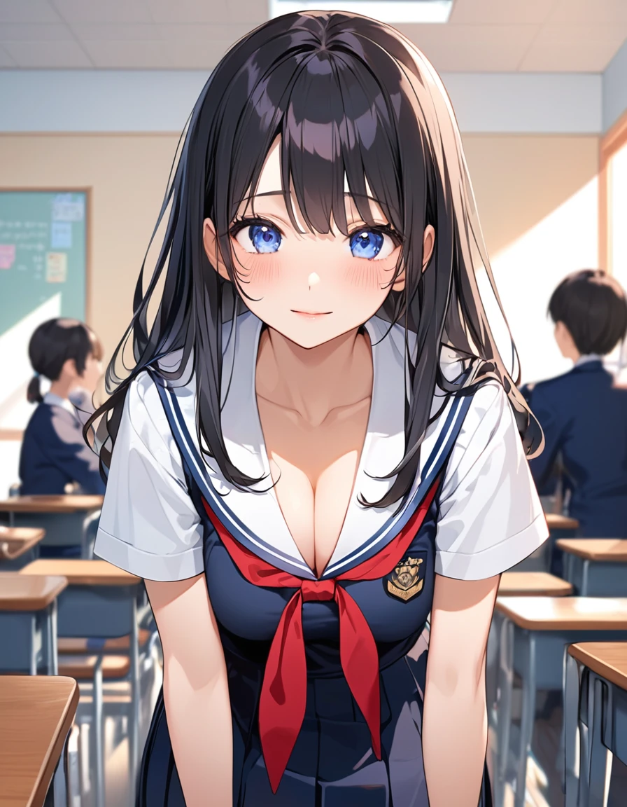 (Highest qualityのイラスト:1.2), (cute女の子:1.1), (1 girl、、Highest qualityのイラスト:1.2), (1 girl、Kind eyes、blue eyes:1.2)、Black Hair、Semi-long hair、(Highest quality、Very detailed、cute、Ultra-high resolution) 、High School Uniform{Sailor suit、Red neckerchief、Short sleeve、Navy Pleated Skirt、Cleavage)、School classroom、Slightly larger breasts