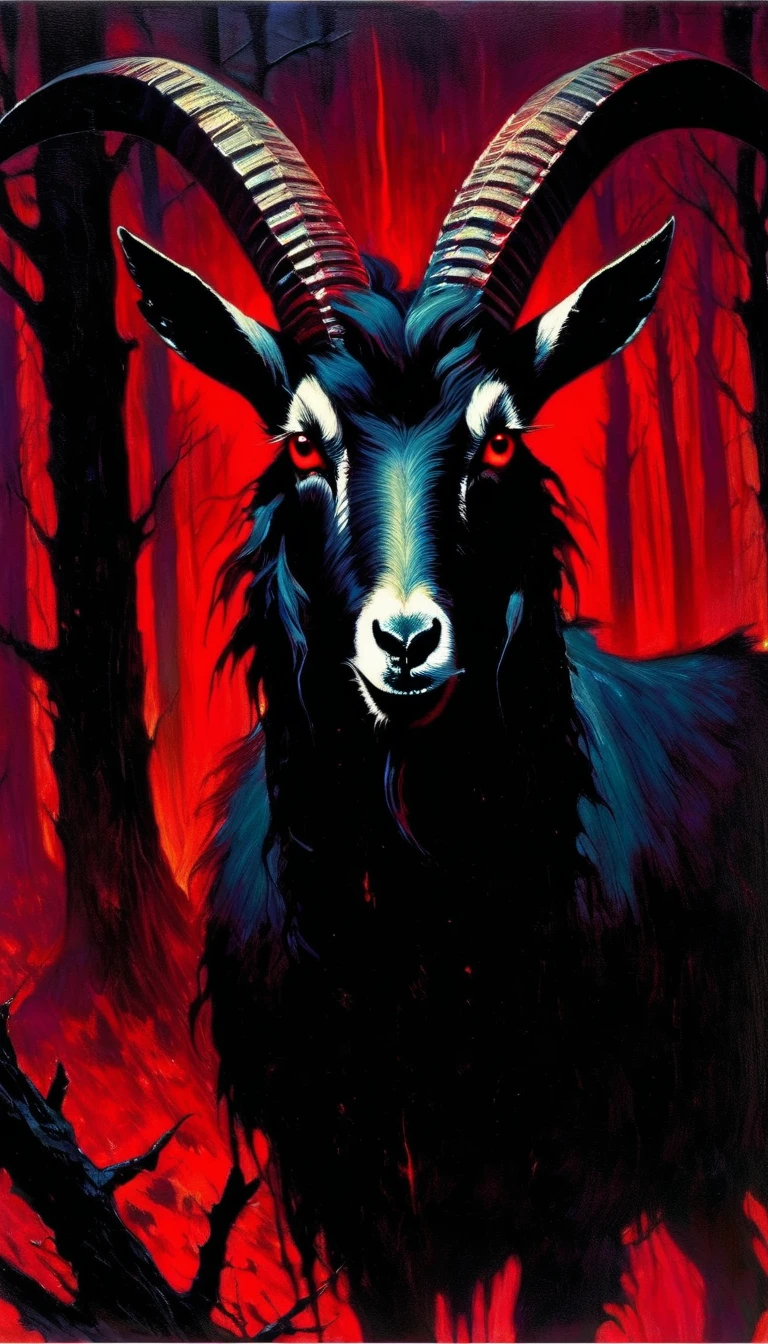 1satanic angry goat in the night, red eyes, sinister forest, horror,(art inspired in Bill Sienkiewicz). oil painting)