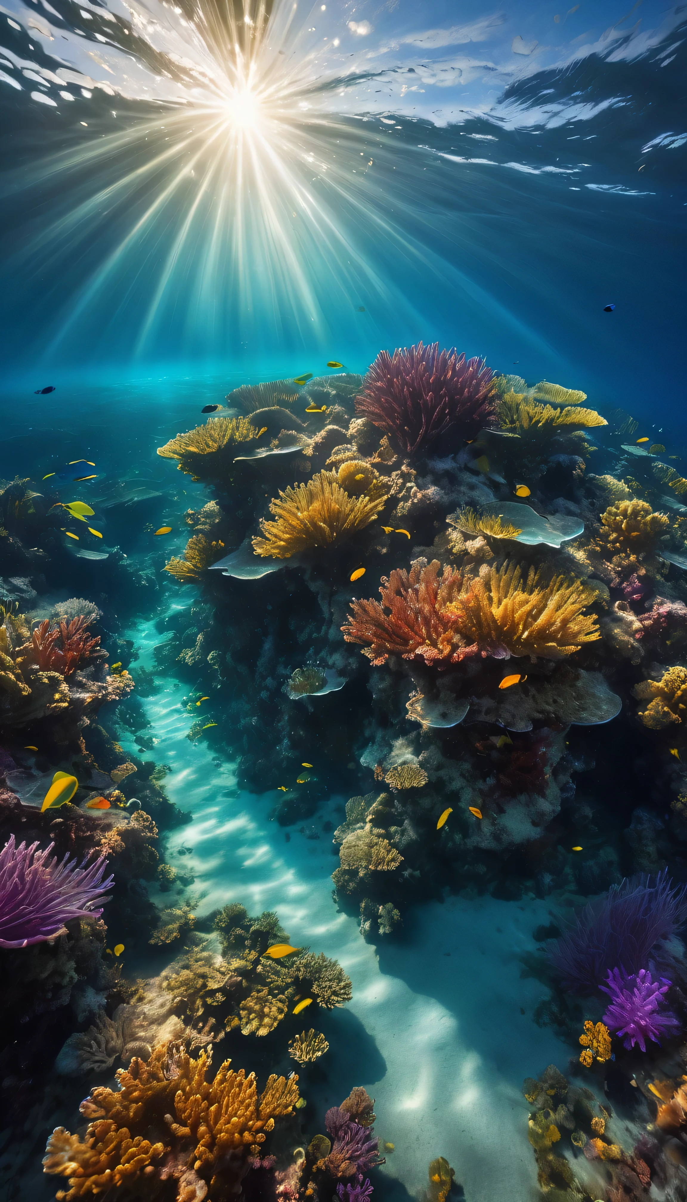 Shaft of sunlight penetrating the surface of the sea, Illuminate the world hidden below, Create captivating underwater scenes. Vertical panorama, Ultra-wide angle view. Ultra-high resolution, masterpiece, Award-winning photo, Vast landscape photography , (A view from below, with the sky above and the wide fields below), (masterpiece:1.2), (Highest quality), 4K, Super detailed, (Dynamic configuration:1.4), Very detailed, Colorful details,( Rainbow colors:1.2), (Shining Lights, Atmospheric lighting), dream-like, Magic, (alone:1.2)