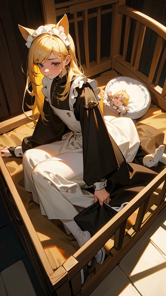 A newborn male baby with blond hair in a crib in a medieval room. with a woman with black hair and dog ears dressed as a medieval maid going to pick up the baby from the crib