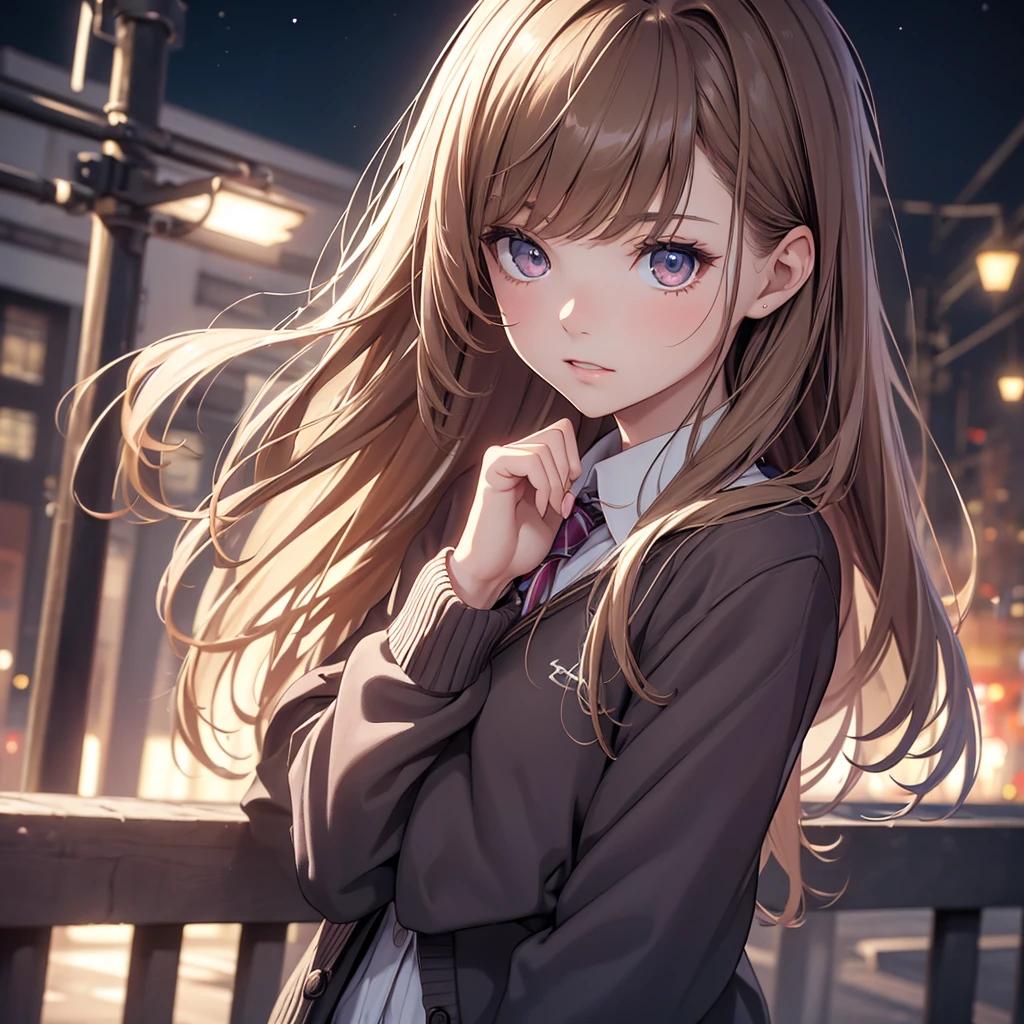 (8K, Best Quality, Masterpiece, Ultra High Resolution) 1Girl, Teen, Young, Slender, Beautiful Eyes, Face Details, Long Brunette Hair, Hazel Eyes, Pale Skin, Wearing School Outfit, Cardigan, Standing Outside at Night, Best Quality, Upper Body, Looking at the Viewer, Facing Viewer, Close Up