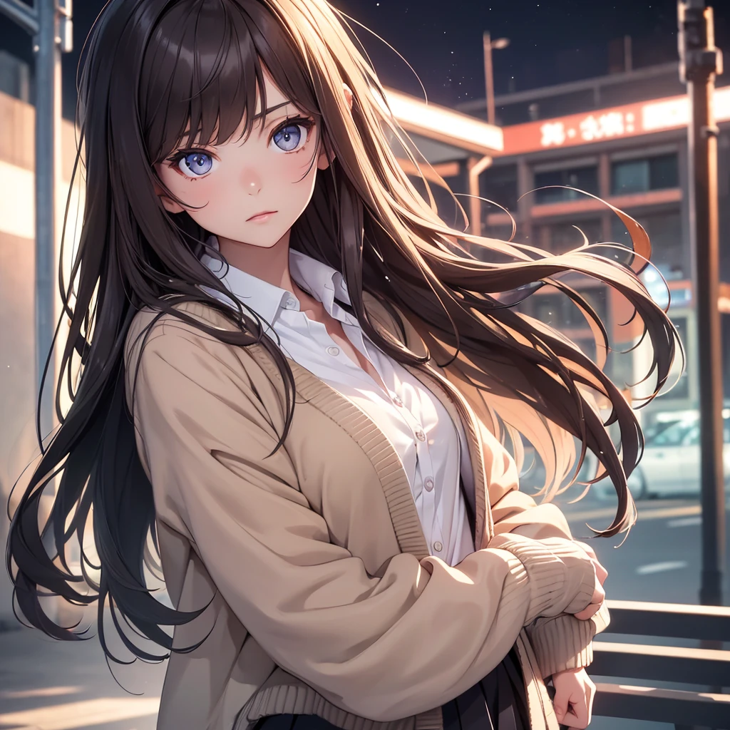 (8K, Best Quality, Masterpiece, Ultra High Resolution) 1Girl, , Young, Slender, Beautiful Eyes, Face Details, Long Brunette Hair, Hazel Eyes, Pale Skin, Wearing School Outfit, Cardigan, Standing Outside at Night, Best Quality, Upper Body, Looking at the Viewer, Facing Viewer, Close Up