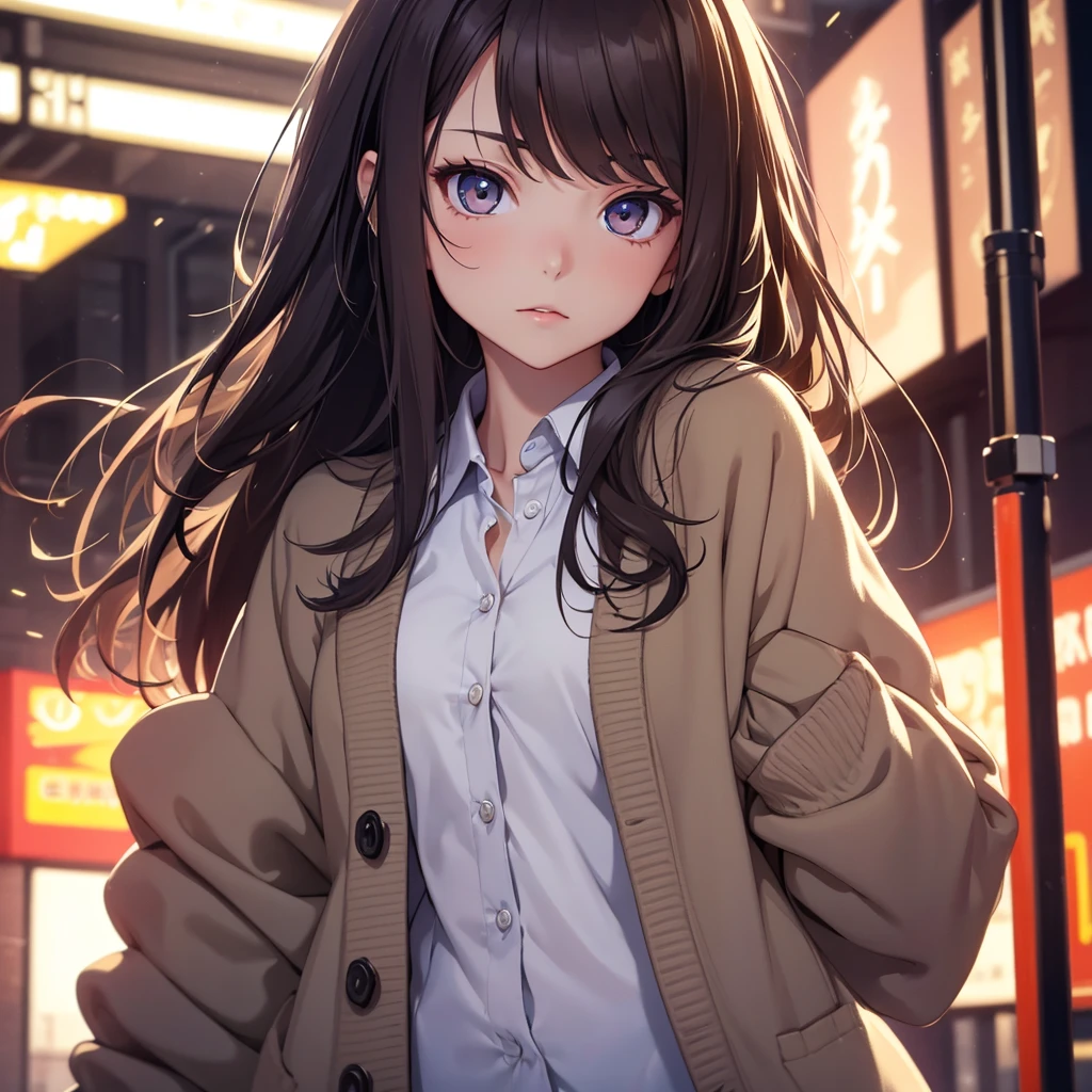 (8K, Best Quality, Masterpiece, Ultra High Resolution) 1Girl, Teen, Young, Slender, Beautiful Eyes, Face Details, Long Brunette Hair, Hazel Eyes, Pale Skin, Wearing School Outfit, Cardigan, Standing Outside at Night, Best Quality, Upper Body, Looking at the Viewer, Facing Viewer, Close Up