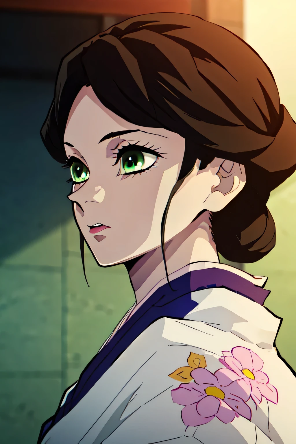 (best quality,4k,8k,highres,masterpiece:1.2),ultra-detailed,(realistic,photorealistic,photo-realistic:1.37),close-up portrait of a cute brown-haired girl with beautiful detailed green eyes,beautiful detailed lips,extremely detailed face,longeyelashes,kimono,Kimetsu no Yaiba art style,floral ornaments,natural lighting,warm color tones,intricate details,soft focus
