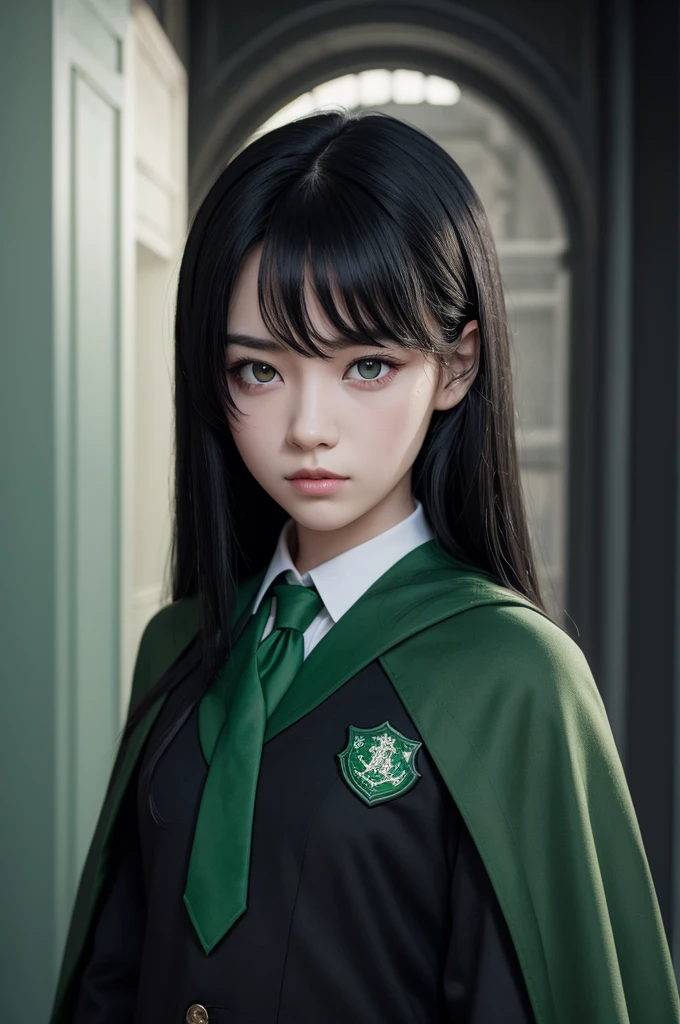  in Slytherin uniform black hair red eyes