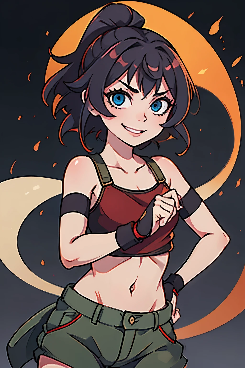 girl holding a katana, perfect smile, fighting pose, skimpy, fingerless gloves, perfect hands, perfect katana, glowing katana