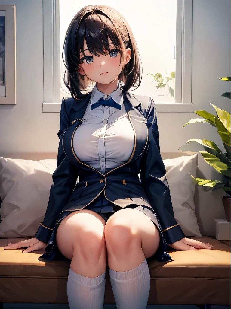 A girl in a short  uniform, showing tits