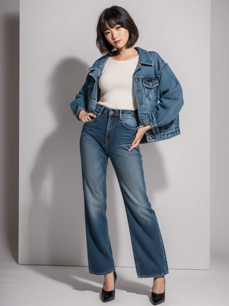 ((Tabletop,Highest quality)), (Like the picture:1.4),((Tabletop,8K)),High resolution,Studio Soft Light, Rim Light, Vivid details, Realistic skin texture,Japanese, One beautiful woman, short hair, Wavy Hair, Faint, thin bangs, compensate, 38 years, Detailed skin, Denim jacket, Wide leg pants, Are standing, White Background, White Room,White wall, Full body photo, View your viewers