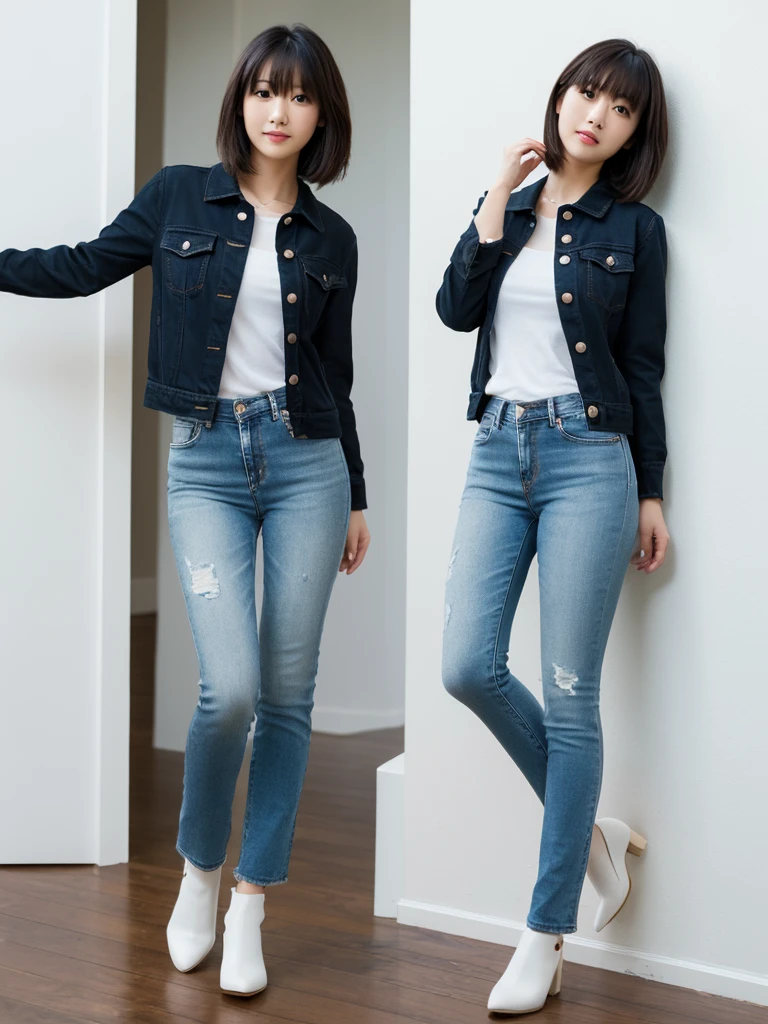 ((Tabletop,Highest quality)), (Like the picture:1.4),((Tabletop,8K)),High resolution,Studio Soft Light, Rim Light, Vivid details, Realistic skin texture,Japanese, One beautiful woman, short hair, Wavy Hair, Faint, thin bangs, compensate, 38 years, Detailed skin, Denim jacket, Wide leg pants, Are standing, White Background, White Room,White wall, Full body photo, View your viewers