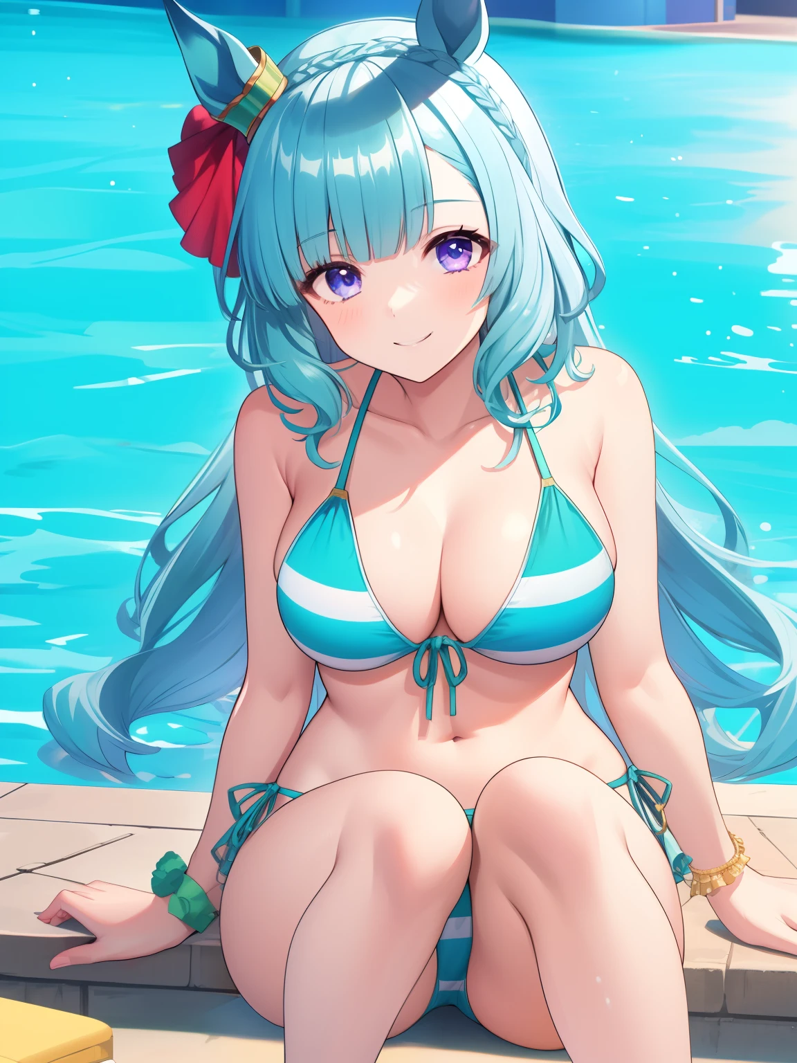 ((Highest quality, masterpiece, High resolution)), One girl, White-eye Aldan\(umamusume\), Swimwear, Cleavage, (Horse tail), smile, smile, Poolside, bikini, Sitting, White and mint green stripes, Dense fingers