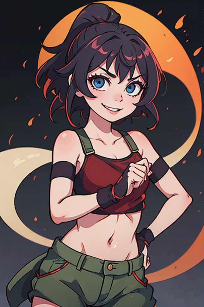 girl holding a katana, perfect smile, fighting pose, skimpy, fingerless gloves, perfect hands, perfect katana, glowing katana