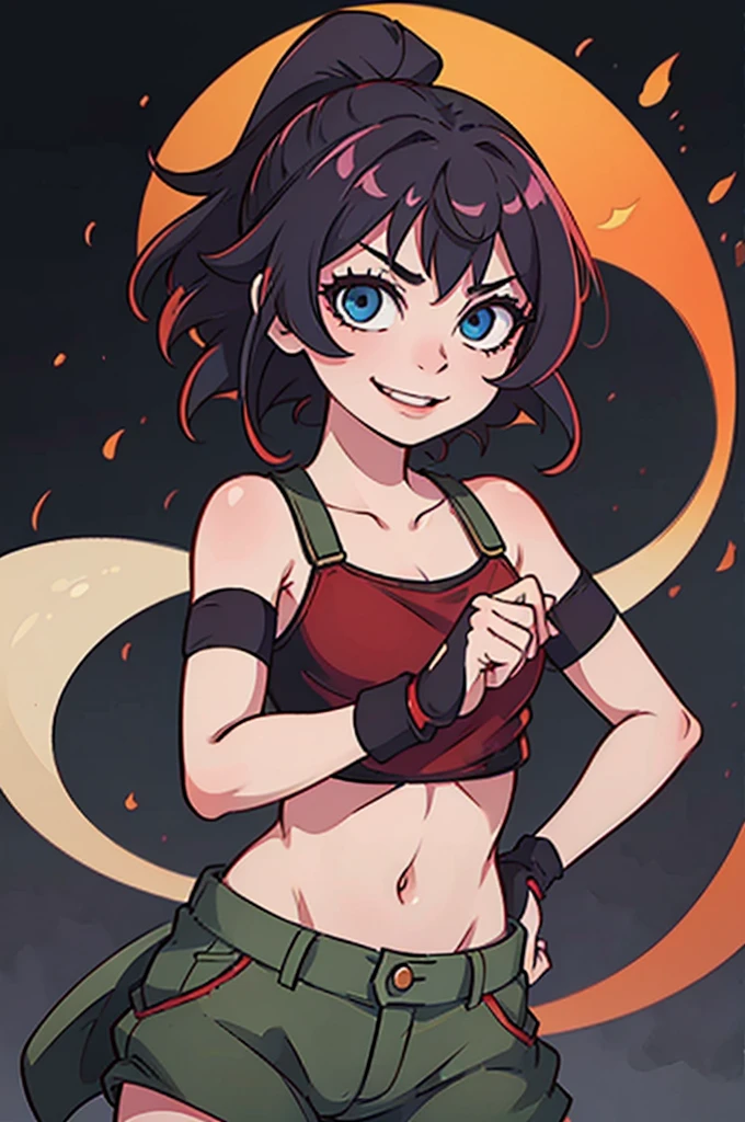 girl holding a katana, perfect smile, fighting pose, skimpy, fingerless gloves, perfect hands, perfect katana, glowing katana