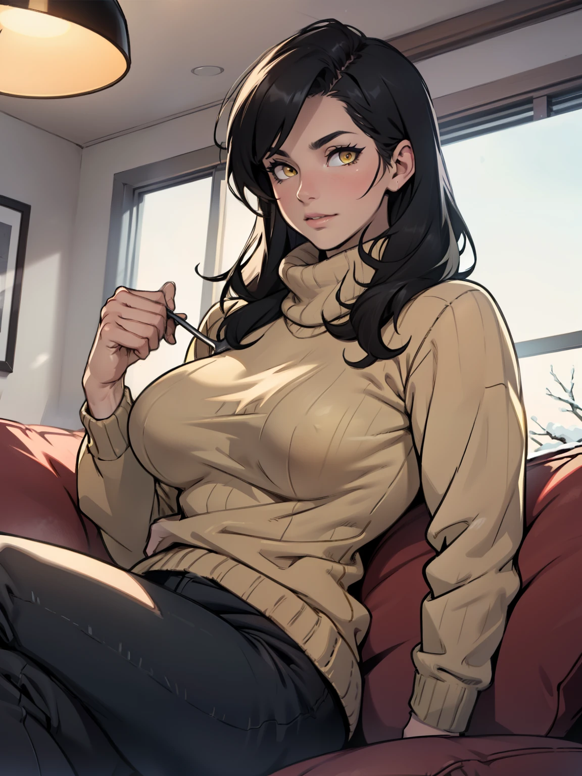 girl muscular girl breasts breasts breasts pale skin black hair yellow eyes baggy sweater sitting on couch winter clothes snow outside housewife milf warm atmosphere