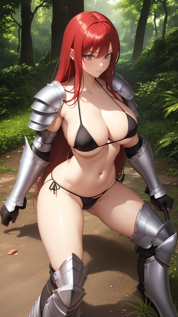masterpiece, best quality, Soft drawing style, 2d, red hair, long hair, rough hairstyle, female knight, heavy breathing, flushing, {{tsurime}}, huge breasts, thin waist, wide pelvis, thighs, Armor, (NSFW:1.2), black underwear, (micro bikini:1.5), Pelvic exposure, exposed navel, (종아리 Armor, 어깨Armor:1.5), smooth skin, standing posture, Composition seen from the front, Wet, A lot of love juice, (milf:1.5), (Decadent beauty:1.5), maturity, forest background