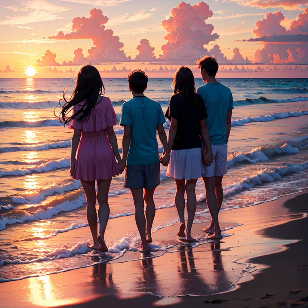 Sunset over ocean , clouds are pink and two couples holding hands and walkingon the beach. Enchant colour