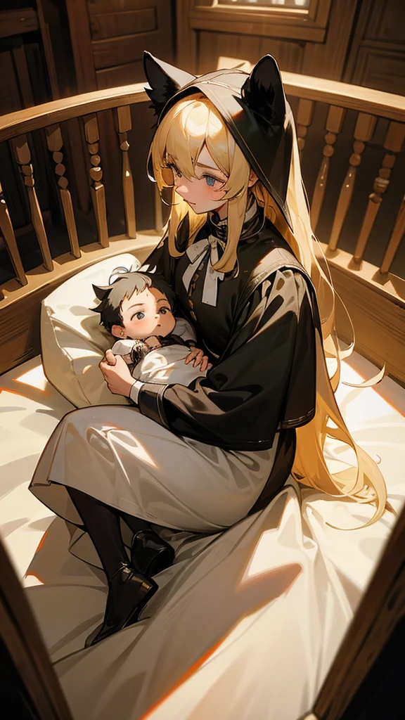 A newborn male baby with blond hair in a crib in a medieval room. with a woman with black hair and dog ears dressed as a medieval maid going to pick up the baby from the crib