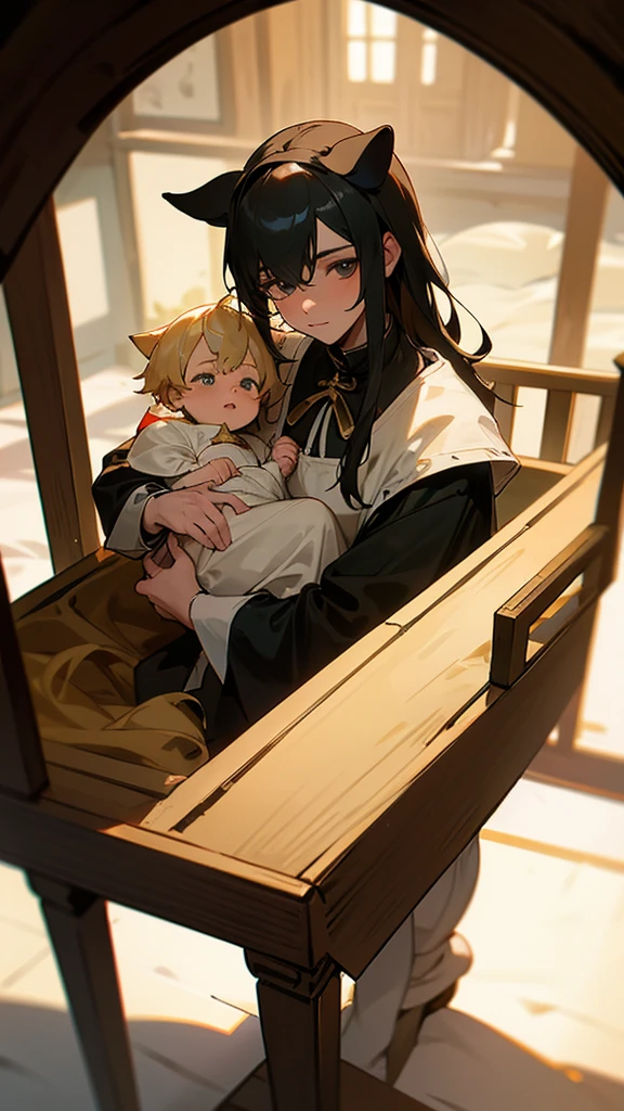 A newborn male baby with blond hair in a crib in a medieval room. with a woman with black hair and dog ears dressed as a medieval maid going to pick up the baby from the crib