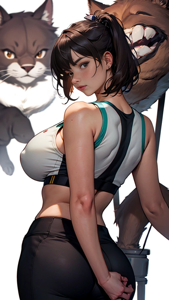 extremely delicate and beautiful, Amazing, finely detail, masterpiece, ultra-detailed, highres,best illustration, best shadow,intricate,sharp focus,  high quality, woman, 28yrs, (Milana Vayntrub), Milana Vayntrub, solo, long brown hair, curvy, milf, big beasts, huge beasts, (giant breasts), sexy body, genshin impact, sports bra, yoga pants, cutesexyrobutts style