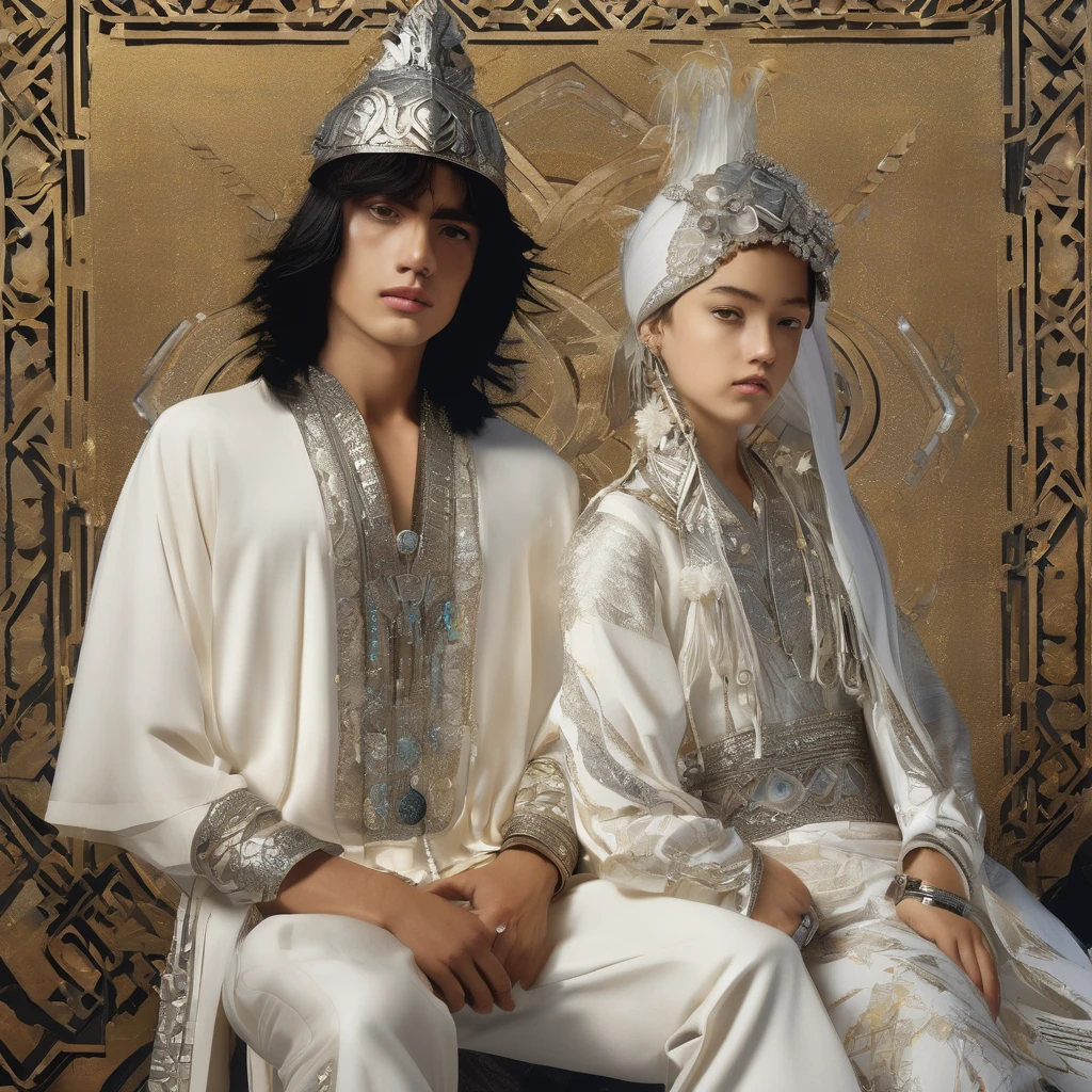 A boy appears to be a fair-skinned boy with silver and brue hair styled in medium-length hair. He has brue eyes and wears a large brue headdress on one side of his head, which is also framed by uneven bangs. His attire consists of a white dress adorned with brue and silver details, loose sleeves of patterned brue fabric, and a silver bracelet on her right wrist. His dress is embellished with various brue gems and decorated with intricate silver patterns. Underneath, she wears white trousers. On his back, he wears a split pale brue cloak and white sandals surrounded by silver that expose his toes.