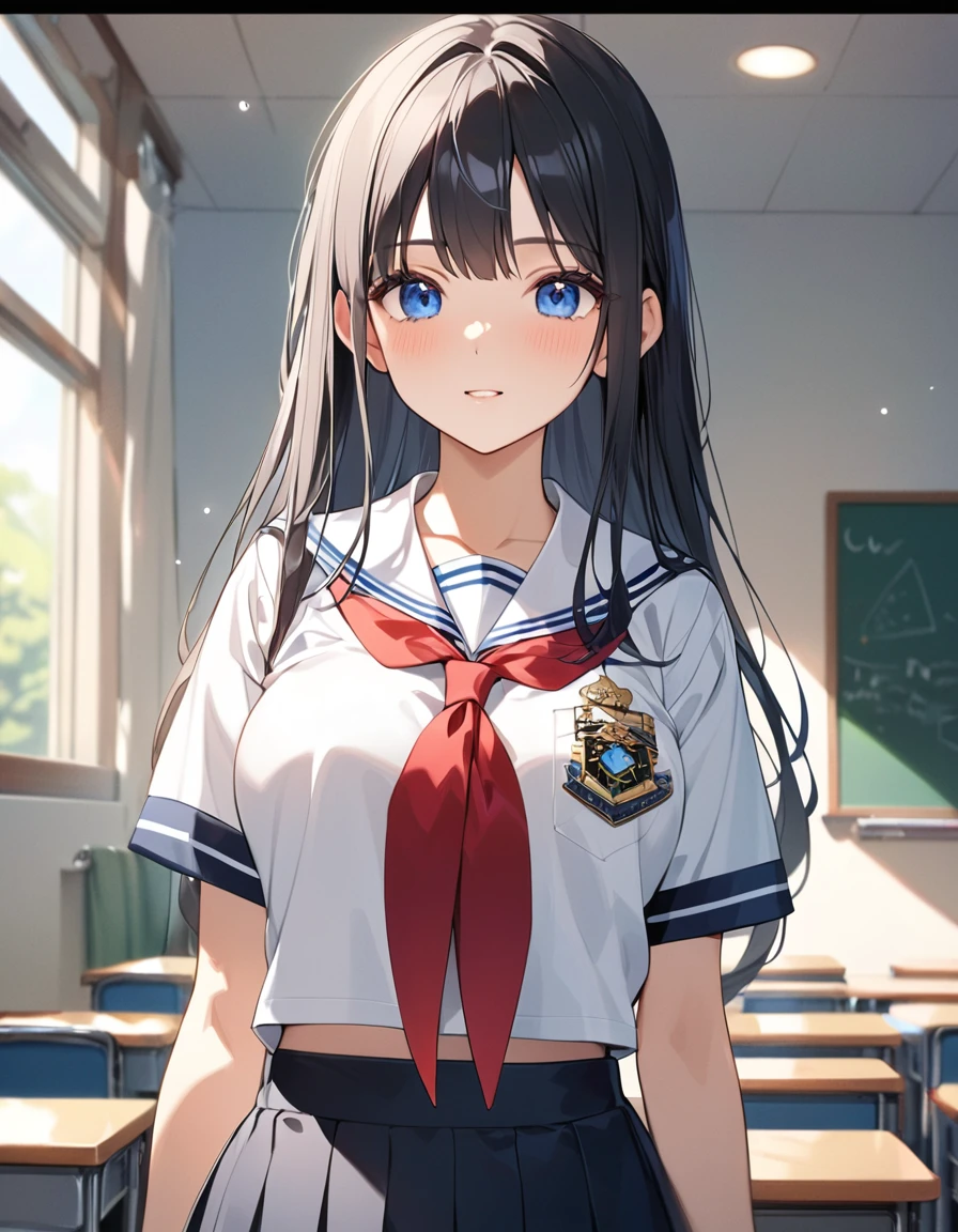 (Highest qualityのイラスト:1.2), (cute女の子:1.1), (1 girl、17 years old、Highest qualityのイラスト:1.2), (1 girl、Kind eyes、blue eyes:1.2)、Black Hair、Semi-long hair、(Highest quality、Very detailed、cute、Ultra-high resolution) 、High School Uniform{Sailor suit、Red neckerchief、Short sleeve、Cleavage)、School classroom、Slightly larger breasts
