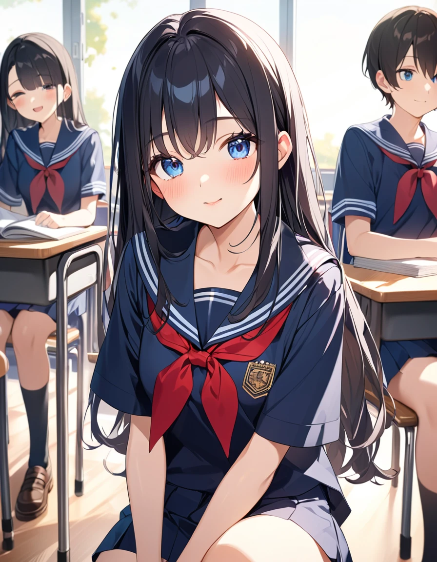 (Highest qualityのイラスト:1.2), (cute女の子:1.1), (1 girl、17 years old、Highest qualityのイラスト:1.2), (1 girl、Kind eyes、blue eyes:1.2)、Black Hair、Semi-long hair、(Highest quality、Very detailed、cute、Ultra-high resolution) 、High School Uniform{Sailor suit、Red neckerchief、Short sleeve、Cleavage)、School classroom、Slightly larger breasts