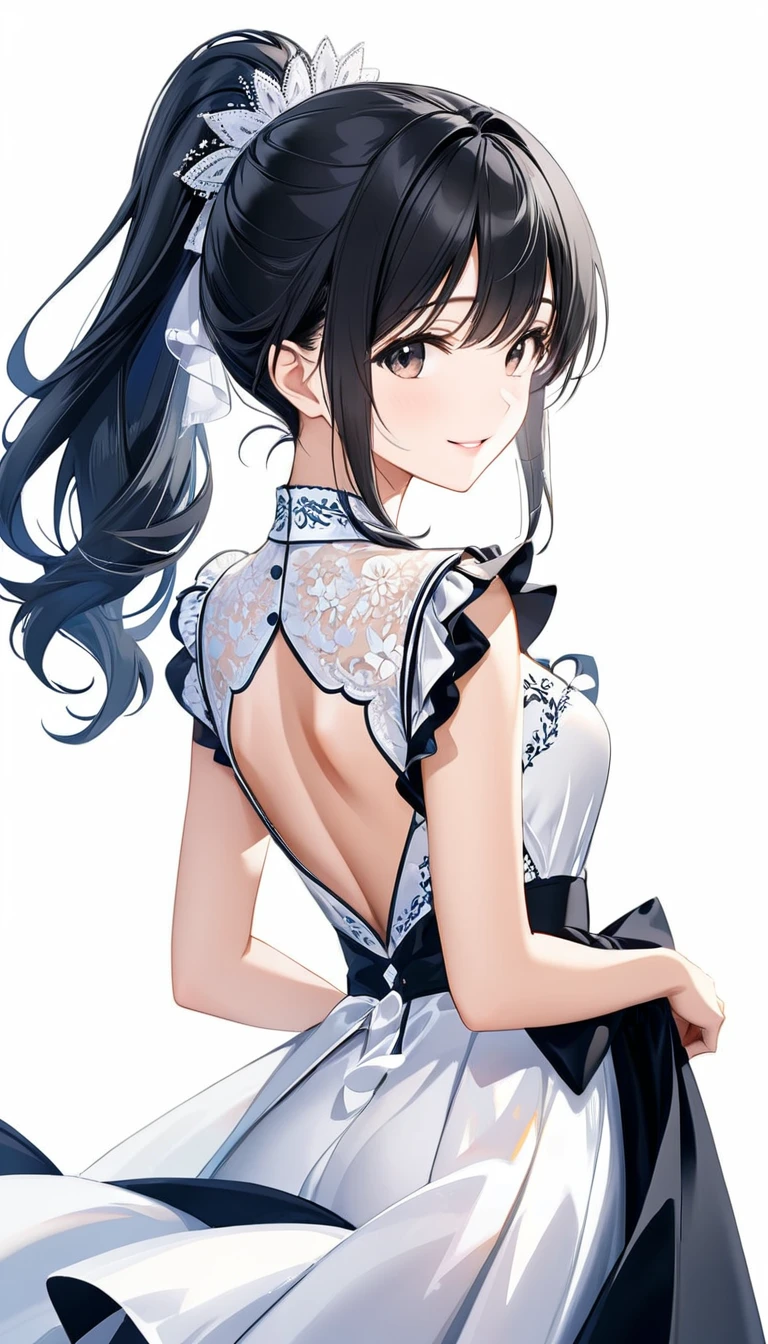 (((White background:1.5)))、(very wide shot)、(masterpiece、Ultra HD、Highest quality、Masterpiece、4K:1.2)、Slender body、 Intricate details, Highly detailed fingers、Black hair ponytail、White elegant dress, Intricate details、smile、happiness、whole body、Are standing、(((look back:1.5)))