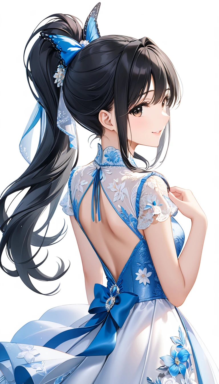 (((White background:1.5)))、(very wide shot)、(masterpiece、Ultra HD、Highest quality、Masterpiece、4K:1.2)、Slender body、 Intricate details, Highly detailed fingers、Black hair ponytail、White elegant dress, Intricate details、smile、happiness、whole body、Are standing、(((look back:1.5)))