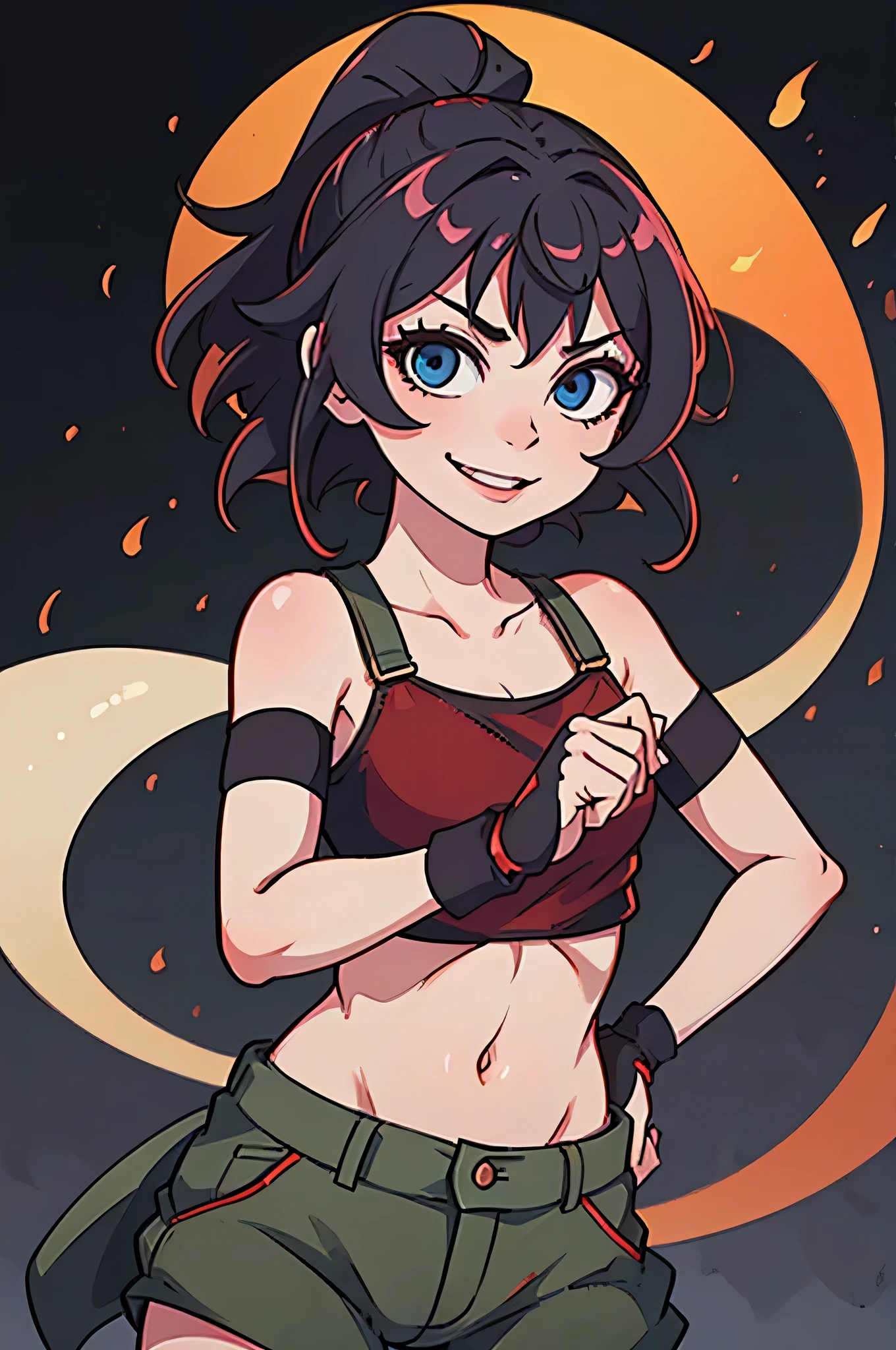 girl holding a katana, perfect smile, fighting pose, skimpy, fingerless gloves, perfect hands, perfect katana, glowing katana