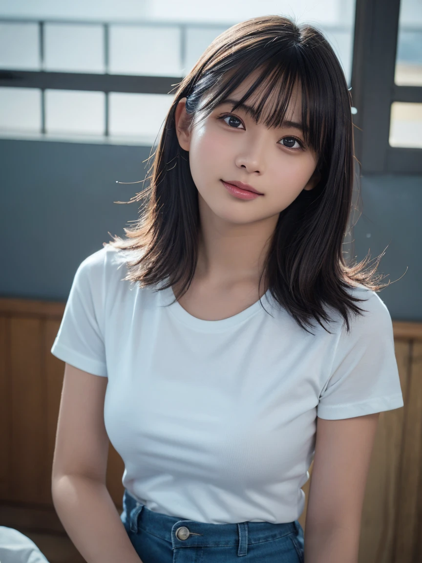Highest quality, masterpiece, Ultra-high resolution, (Realistic:1.3), RAW Photos, (One Girl), (Upper Body), (18-year-old), (smile:0.9), (Shiny skin), (Medium Hair, Dark brown hair), (White T-shirt), (Casual shorts), (Ultra detailed face), (Highly detailed eyes), (Highly detailed nose), (Highly detailed mouth), (Very skilled hands), (Super-detailed body), Sony a7, 85mm lens, f9.0