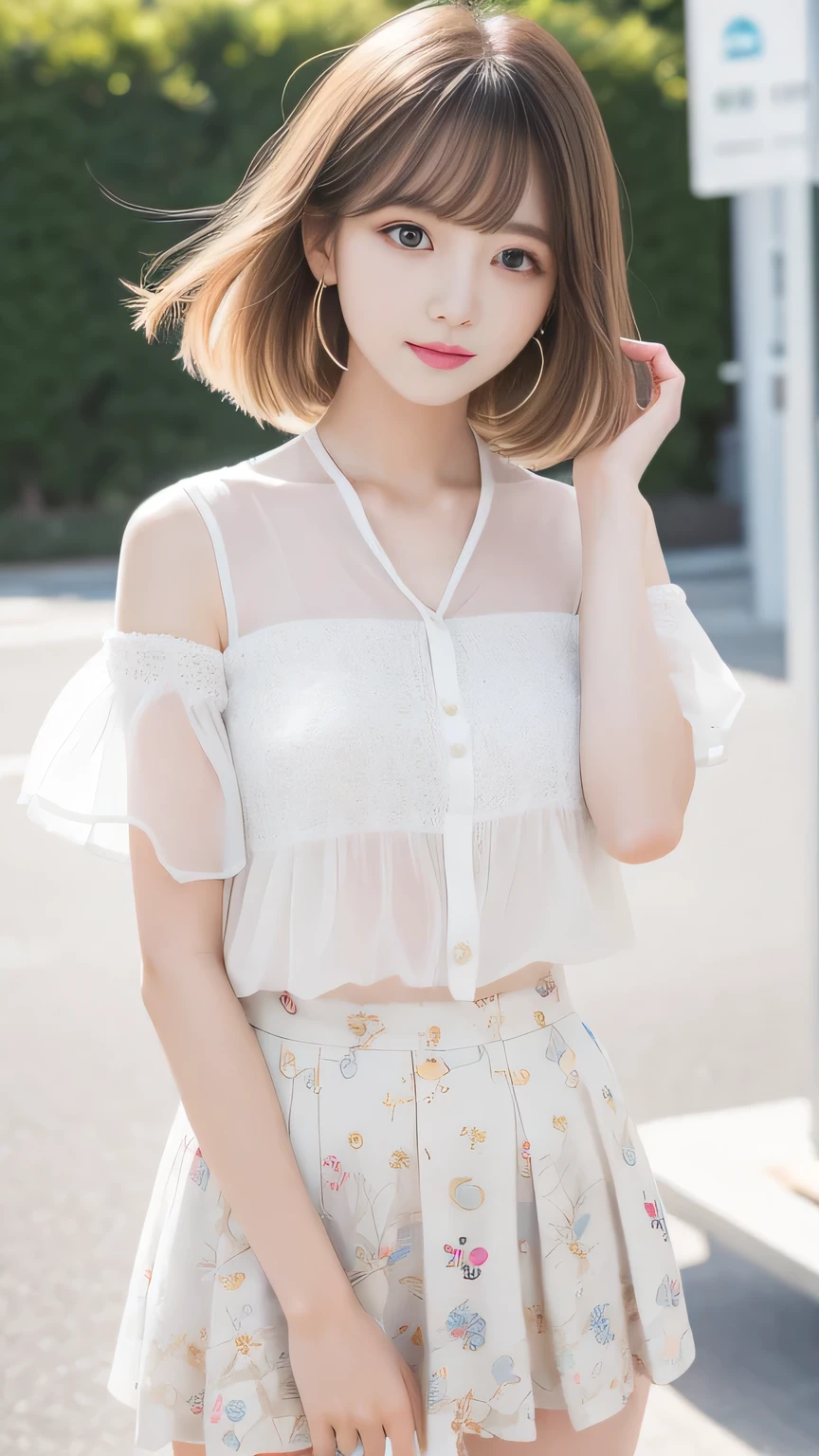 White and radiant skin、Bangs on the face、Long eyelashes、A strong wind blows my hair in front of my face、Beautiful big sparkling eyes, Cute and beautiful eyes hidden behind long bangs、No visible nasolabial folds、Short micro mini skirt、Multicolored patterned blouse、18 year old Korean beauty、Bright blonde short hair