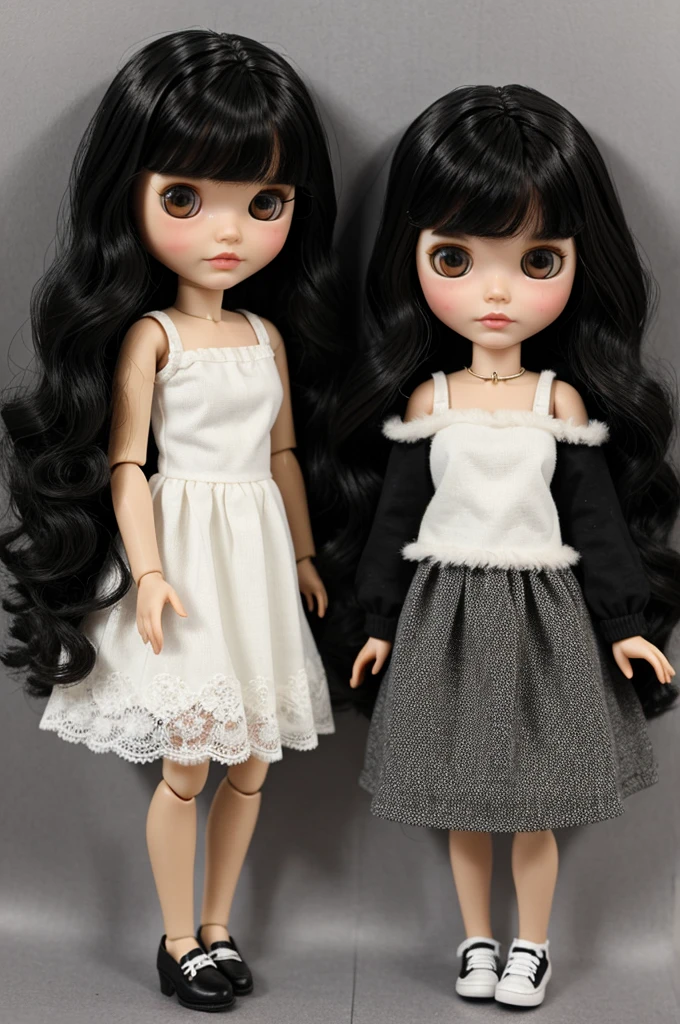 Create a blythe doll with short shoulder-length wavy and fluffy black hair and white skin and freckles with black clothes 