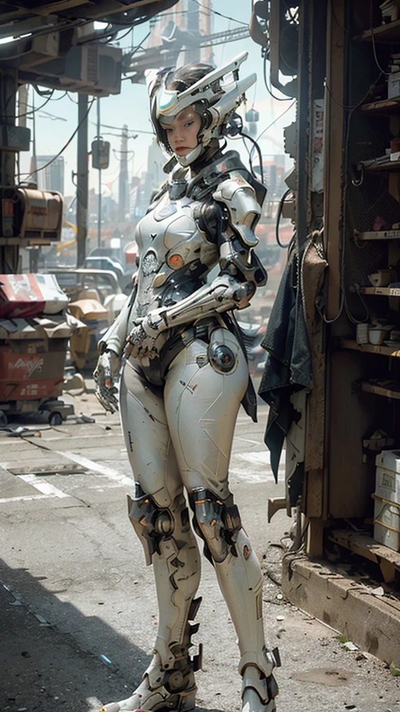 ((best quality)), ((masterpiece)), ((realistic)), (detailed), (photorealistic:1.5), a futuristic girl, (thick body), (white bodysuit), lights on armor, cybernetic headwear, looking at viewer, dynamic pose, post apocalyptic, destroyed city background, buildings on fire, science fiction, hdr, ray tracing, nvidia rtx, super-resolution, unreal 5, subsurface scattering, pbr texturing, post-processing, anisotropic filtering, depth of field, maximum clarity and sharpness, rule of thirds, 8k raw, (luminescent particles:1.4), (extremely detailed cg, unity 8k wallpaper, 3d, cinematic lighting, lens flare), reflections, sharp focus, cyberpunk art, cyberpunk architecture,