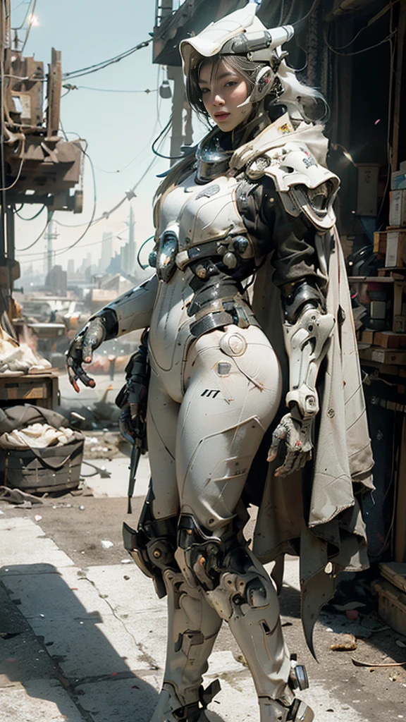 ((best quality)), ((masterpiece)), ((realistic)), (detailed), (photorealistic:1.5), a futuristic girl, (thick body), (white bodysuit), lights on armor, cybernetic headwear, looking at viewer, dynamic pose, post apocalyptic, destroyed city background, buildings on fire, science fiction, hdr, ray tracing, nvidia rtx, super-resolution, unreal 5, subsurface scattering, pbr texturing, post-processing, anisotropic filtering, depth of field, maximum clarity and sharpness, rule of thirds, 8k raw, (luminescent particles:1.4), (extremely detailed cg, unity 8k wallpaper, 3d, cinematic lighting, lens flare), reflections, sharp focus, cyberpunk art, cyberpunk architecture,