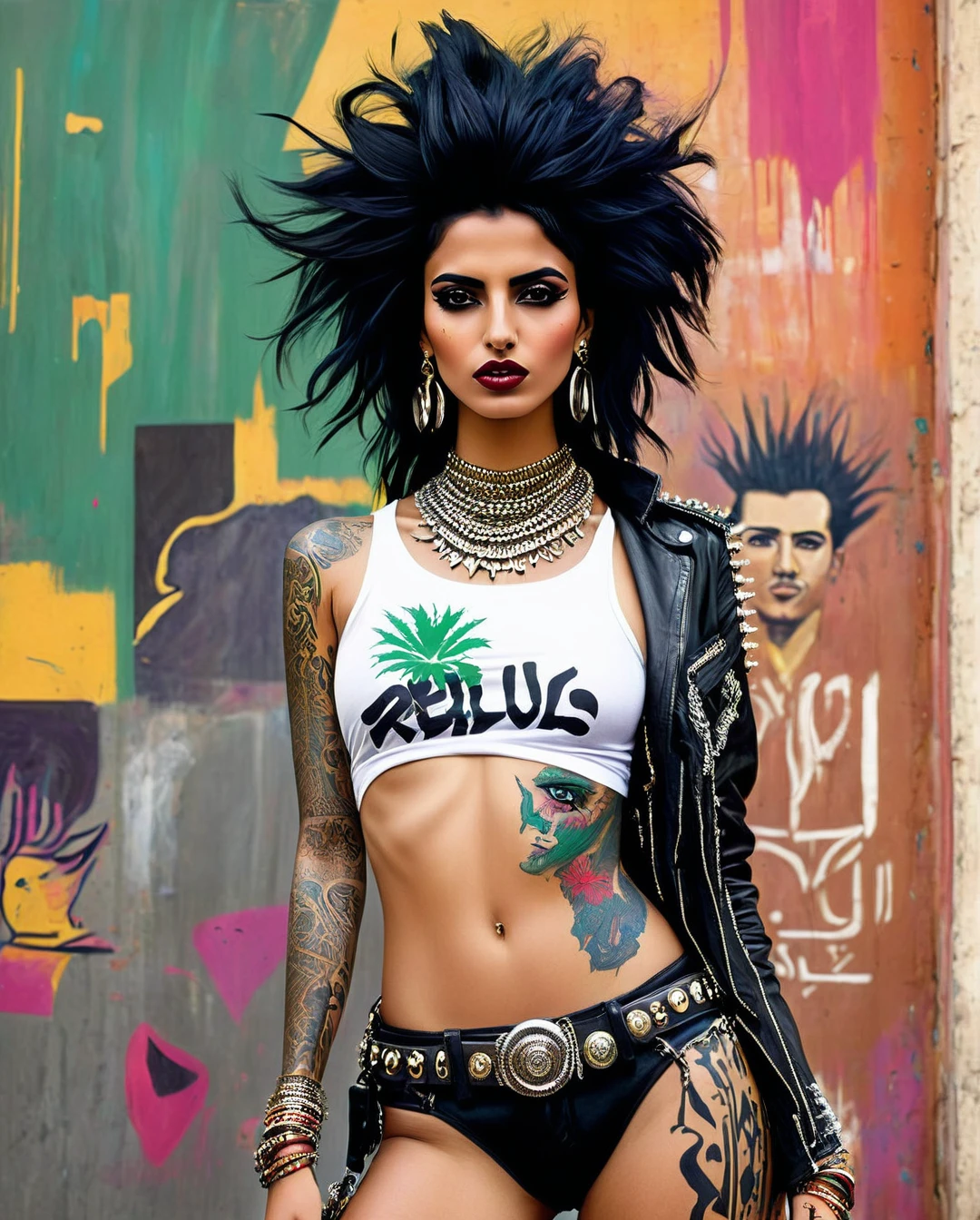 A rebellious Saudi Arabian woman, her black hair styled into a punk rock inspired look, complements her brown eyes and light brown tan skin. The image, possibly a vibrant painting, captures her bold and unique style with precision. Every detail, from her edgy clothing to her unconventional appearance, exudes an air of confidence and individuality. The high quality of the image allows viewers to truly appreciate the essence of her unconventional beauty and self-expression