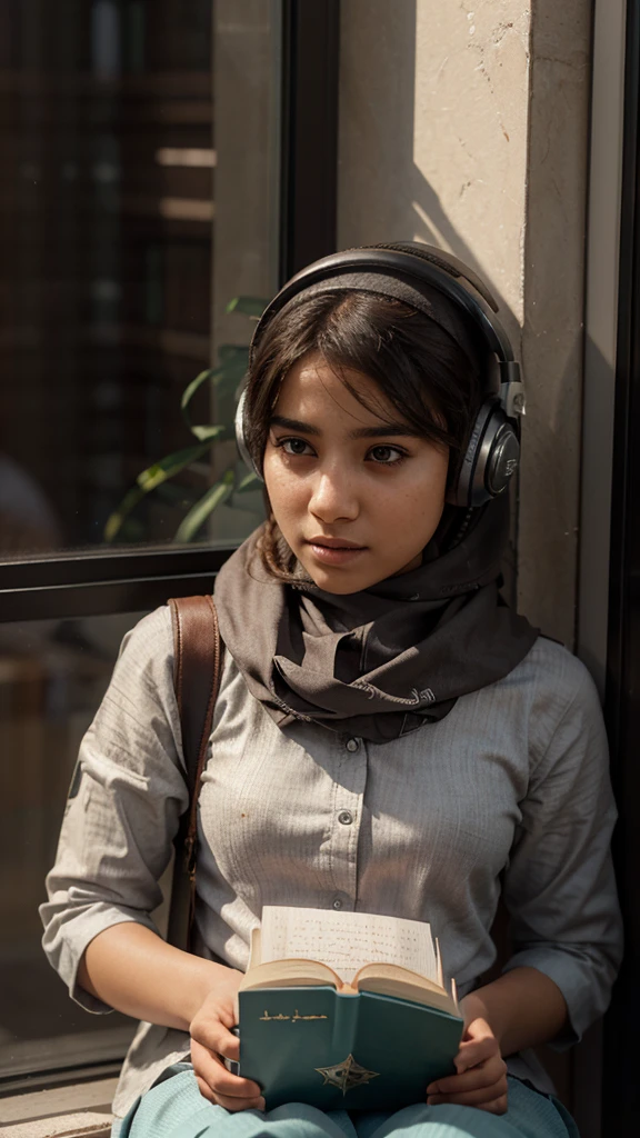 Create a hyper-realistic portrait of a young Arabic Islamic girl sitting by a window with an Islamic book and headphones on. Use Octane Render and Unreal Engine to create a 3D environment that is highly detailed and realistic. Use 85mm portrait photography to capture the fine details of her expression and features.