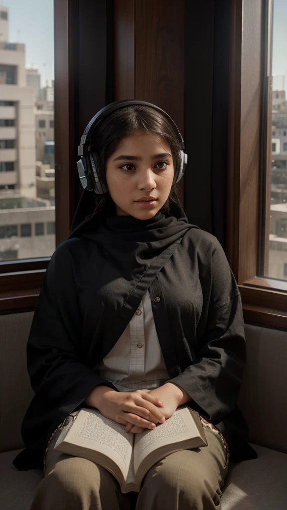 Create a hyper-realistic portrait of a young Arabic Islamic girl sitting by a window with an Islamic book and headphones on. Use Octane Render and Unreal Engine to create a 3D environment that is highly detailed and realistic. Use 85mm portrait photography to capture the fine details of her expression and features.
