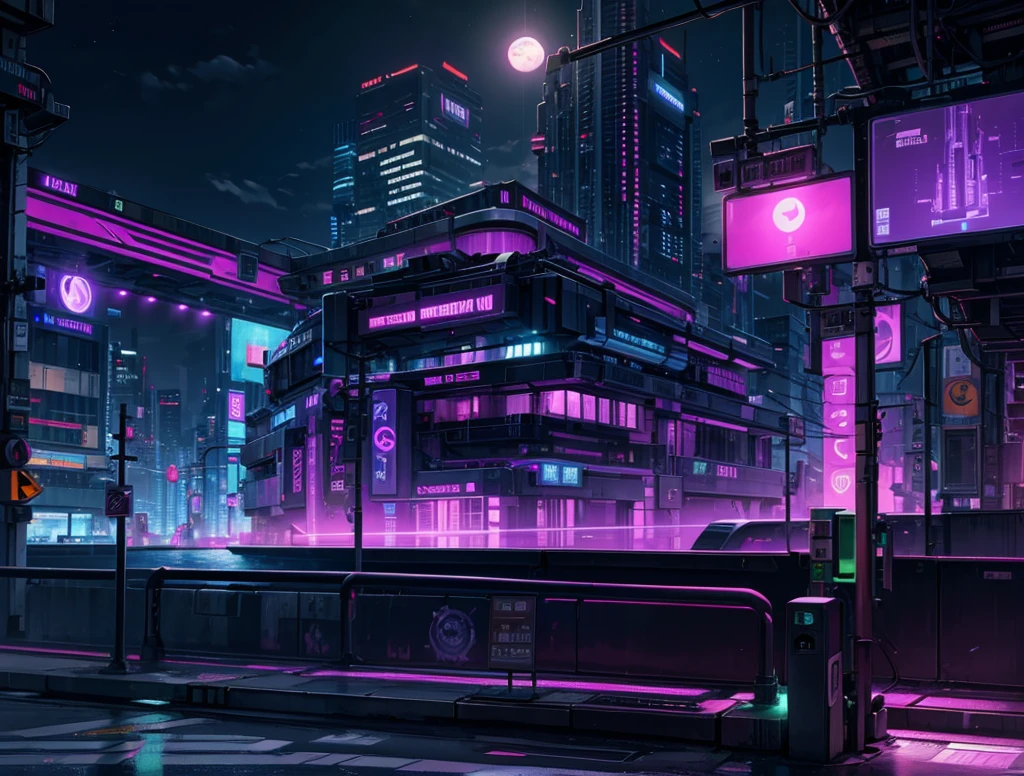 cyberpunk city, neon light, ight, HDR, futuristic building, purple light, purple moon, purple theme, traffic light, 4k resolution, landscape